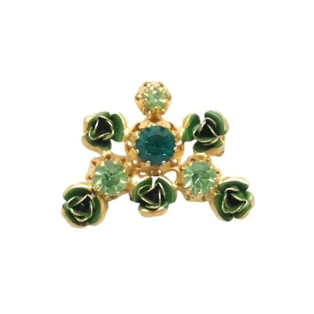 Austrian Green Crystal Enamel Flower Brooch Pin Gold Tone Vintage